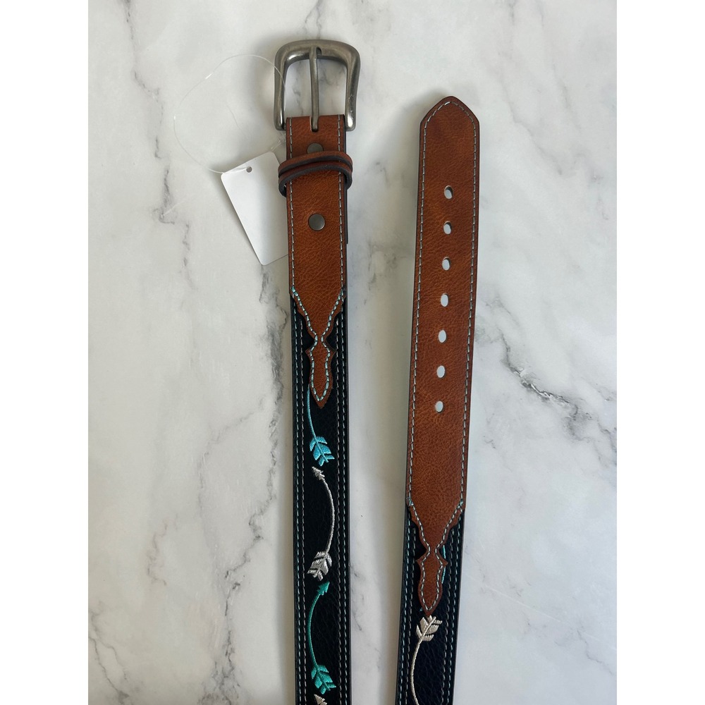 Catchfly Studio Girls Medium Embroidered Arrow Leather Belt‎ Brown Turquoise - Picture 2 of 5